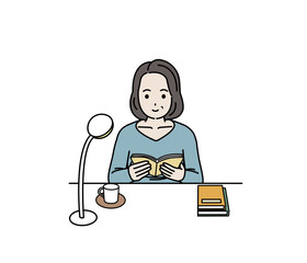 本を読む中年の女性のイラスト　読書と勉強