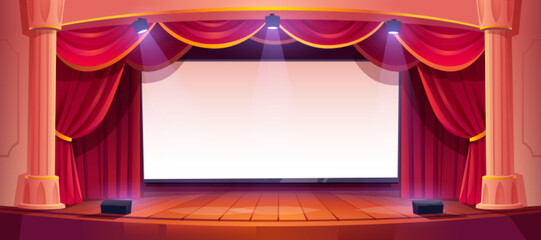 Movie theater stage, cinema, theatre scene with screen, red curtains, roman columns and spotlights. Empty concert hall interior with blank screen and light illumination, Cartoon vector illustration - obrazy, fototapety, plakaty