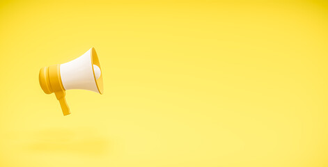 Marketing time concept, realistic 3d megaphone, loudspeaker on blank yellow background. mockup,...