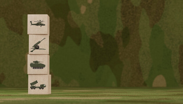 Military equipment wooden block icons on with camouflage background. copy space Army war battle conflict weapons of tank, aircraft, artillery, Navy, airforce and armed special forces