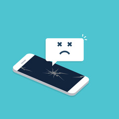 Broken smartphone with sad smile. Broken phone service, recovery and repair concept. Vector illustration.	