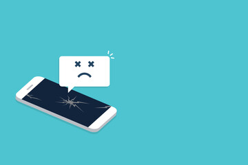 Broken smartphone with sad smile. Broken phone service, recovery and repair concept. Vector illustration.	