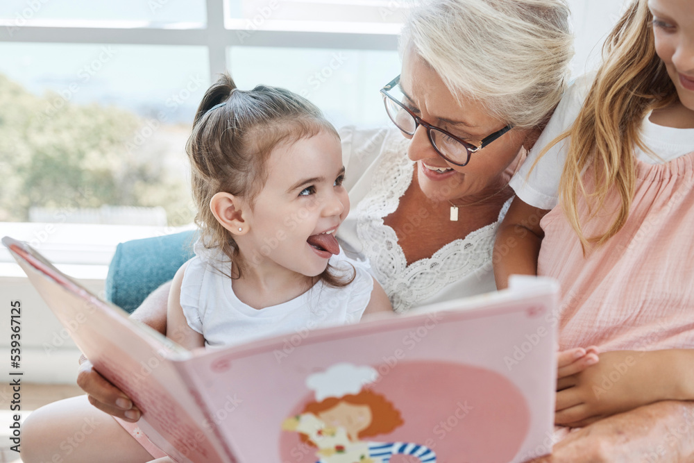 Sticker story, book and reading family with baby in their home for child development, education and language