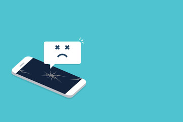 Broken smartphone with sad smile. Broken phone service, recovery and repair concept.	
