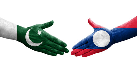 Handshake between Laos and Pakistan flags painted on hands, isolated transparent image.