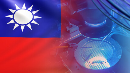 Microelectronics Taiwan. Creation of microchips. Taiwan flag in front of microprocessor manufacturing machine. High-tech production of microelectronics. Microelectronics industry in Taiwan. 3d image.