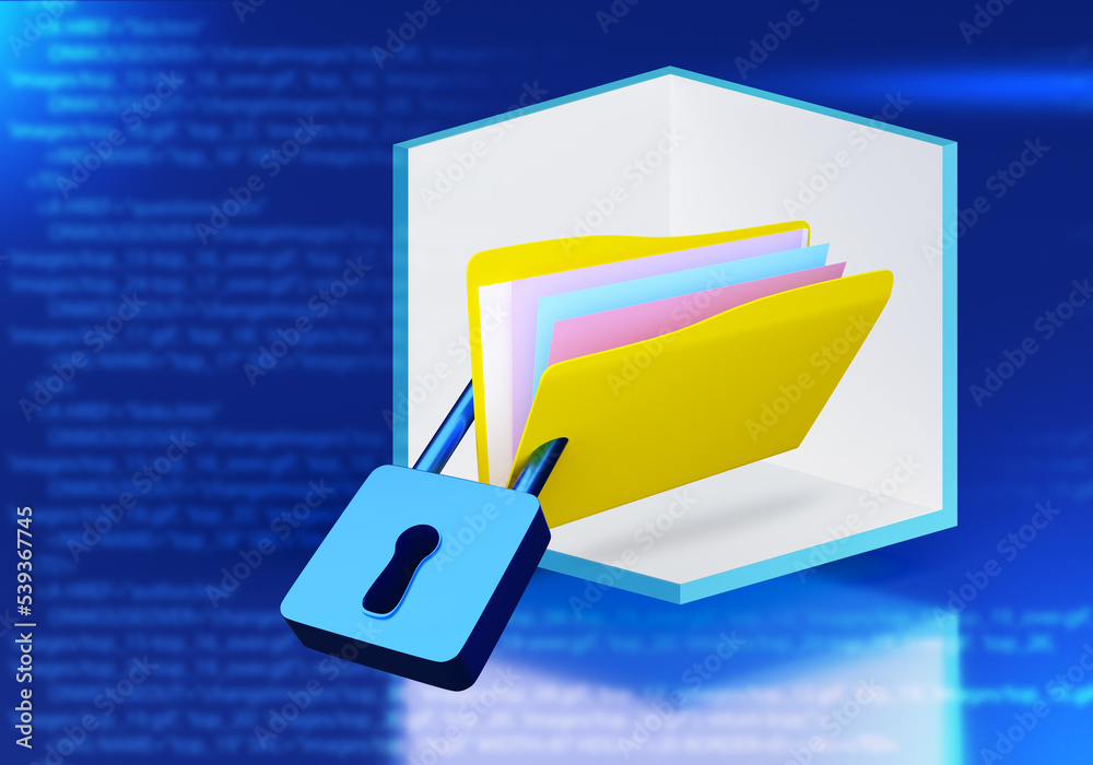 Poster data protection from hacking. yellow folder with padlock. computer data protection concept. caring f