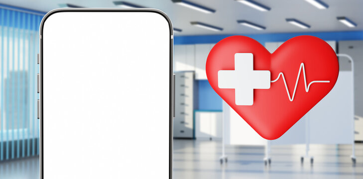 Medical application. Phone with blank screen. Heart symbolizes cardio diseases. Concept of tracking cardio indicators through application. Cardio medicine. Phone in blurred hospital. 3d image.