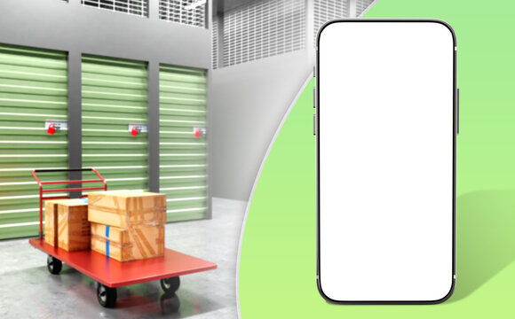 Rental Storage Units. Phone template. Smartphone for renting storage cell. Apps for renting warehouse space concept. Cart with boxes near entrance to Storage Units. Copy Space on phone. 3d image