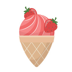 Vector cartoon berry ice cream with a strawberry in waffle cone. Sweet dessert isolated on a white background.