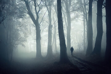 Trail through a mysterious dark old forest in fog. Autumn morning in Crimea. Magical atmosphere. Fairytale