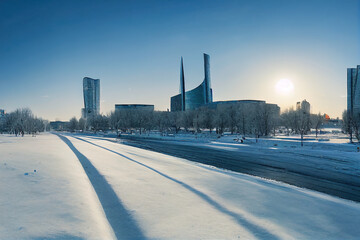 Kazakhstan, Nur Sultan. The center of the left bank of modern Astana with the building of the presidential residence Akorda. Winter panorama of the city.