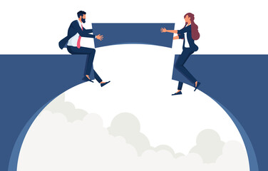 Business team building bridge over cliff gap, Business teamwork and mutual assistance in business concept 