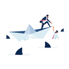 Fototapeta premium Businessman on paper boat in ocean helping other businessman, Business teamwork concept-helping and support