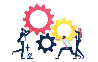 Business teamwork vector concept with business team pushing gears together. Symbol of cooperation, collaboration, technology, success - obrazy, fototapety, plakaty