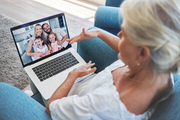 Love, family and video call on laptop with grandmother for online communication with relatives. Retirement, senior and elderly grandma on internet screen call with grandchildren and parents.