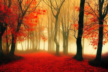 Fototapeta premium Beautiful mystical forest in blue fog in autumn. Colorful landscape with enchanted trees with orange and red leaves. Scenery with path in dreamy foggy forest. Fall colors in october. Nature background