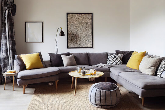 The Stylish Boho Compostion At Living Room Interior With Design Gray Sofa, Wooden Coffee Table, Commode And Elegant Personal Accessories. Honey Yellow Pillow And Plaid. Cozy Apartment. Home Decor