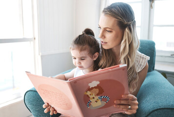 Mother, girl and reading kids book for child education development learning language, communication or literacy at home. Mom storytelling, growing children minds and love family quality time together