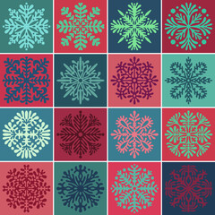 Snowflake-like Hawaiian quilt vector illustration in Christmas colors. A set of variations