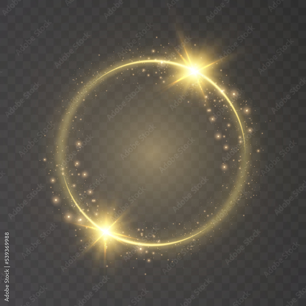 Poster luminous ring with yellow illumination. round gold frame with glitter, element for advertising and d