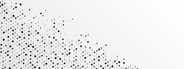 Geometric halftone mosaic background frame. Texture of chaotic squares, dots, fragments, pixel. Intersection of lines of the ornament. Banner for technology, websites, presentations. Vector