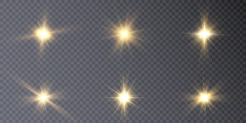 Set of isolated highlights in yellow. Glowing realistic glare effects for design work. Twinkling stars.