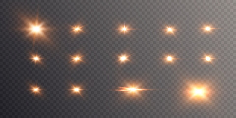 Set of isolated highlights in yellow. Glowing realistic glare effects for design work. Twinkling stars.
