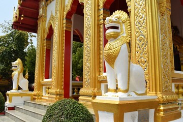 White Singha in front of the chapel of Wat Phra That Phanom. Fill it with gold, beautiful like a pagoda inside a temple.