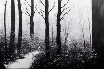 Obraz premium forest in the winter in Black and White , with Leafless trees and the sunshine