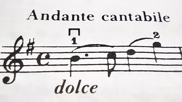 Stop motion. Fragments of the sheet music, large view. Musical background.