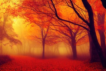 Naklejka na ściany i meble Path in beautiful forest in fog at sunrise in autumn. Colorful landscape with enchanted trees with orange and red leaves. Scenery with trail in dreamy foggy forest. Fall colors in october. Nature