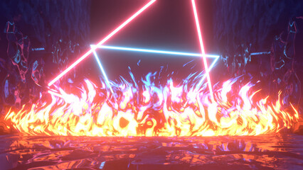 Fototapeta na wymiar 3d rendered glowing triangle light sticks and burning fire.