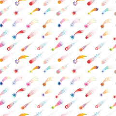 Cartoon sky background with bright shooting stars on white. Seamless space pattern with comets. Can be used for wallpaper, pattern fills, textile, web page background, surface textures.