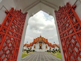 Wide angle of entrance gate in Wat Benchamabophit Dusitwanaram, Also known as the marble temple, it...