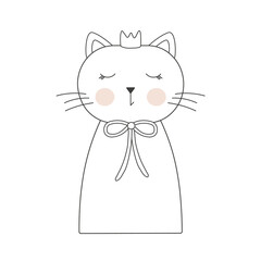 Cute contour cat with small crown, bow and pink cheeks