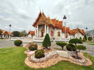 Wide angle of Wat Benchamabophit Dusitwanaram or marble temple, it is one of Bangkok's best-known temples and a major tourist attraction.