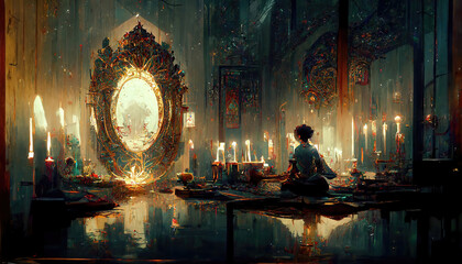 AI generated image of an evil witch queen talking to her magic mirror from a Grimms' fairy tale © Amith