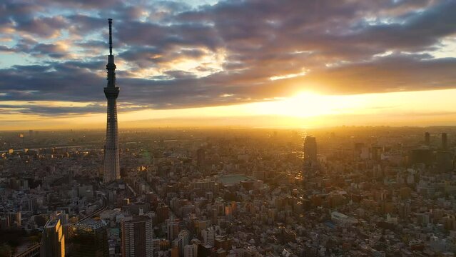 Aerial view 4k video by drone of Tokyo sky tree in Tokyo city Japan on sunrise.