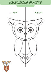 Draw and color a owl. Handwriting practice sheet 
for both hands, kids preschool activity, development children game, left and right hemispheres of the brain, vector illustration
