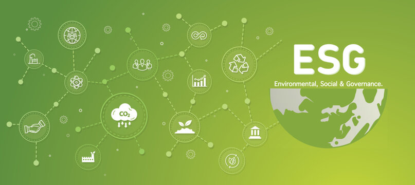 Sustainable Business Or Green Business Esg Concept Image With Connection Icon Concept Related To Green Earth Environmental Icon Set.  Web And Social Header Banner For ESG Terstock.