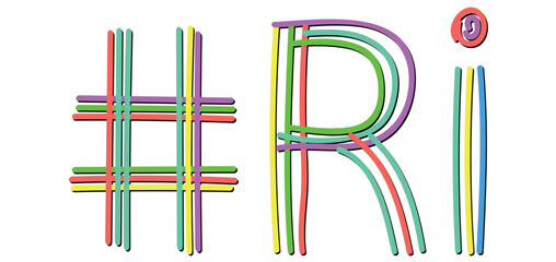 RI Hashtag. Isolate doodle lettering text from multi-colored curved neon lines like from a felt-tip pen, pensil. #RI is abbreviation for the US America Rhode Island for banner, social network, t-shirt
