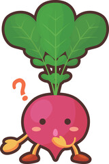 不思議そうな顔をしたかわいいラディッシュのキャラクターのイラスト