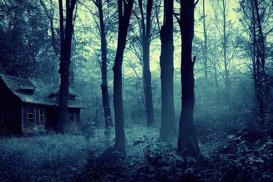 Haunted house. Old abandoned house in the night forest. Scary colonial cottage in mysterious forestland. Photo toned in blue color. Copy space for text. High quality Illustration
