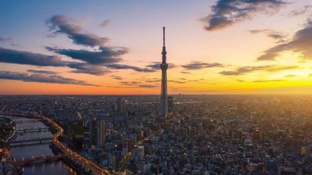 Aerial view Hyper lapse 4k Video of Tokyo sky tree and Tokyo  city on sunrise at Tokyo, Japan. 