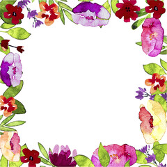 Watercolor flower frame of poppy, green leaves and buds, botanical border on transparent backgraund for birthday greeting card or wedding invitation design 