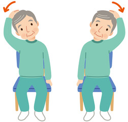 椅子に座って首の体操をする高齢者　介護　健康