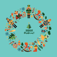 Christmas wreath with cute motifs from the ballet  Nutcracker.  Vector template. Retro design.