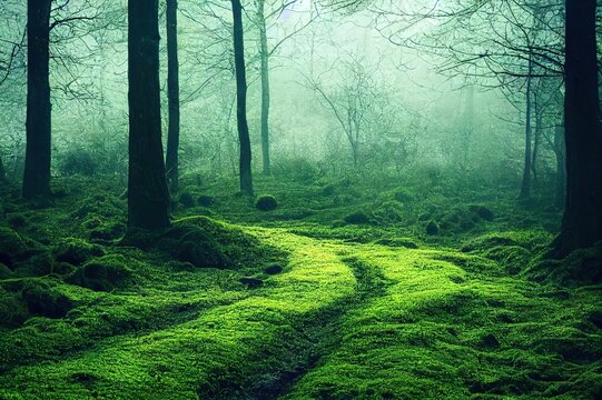 Close up of green moss on black ground in dark forest. Beautiful dark background wallpaper. Trees lined up in a row. Roots on a path in woods. Low view Wood track. Forest lines. Contrast and details