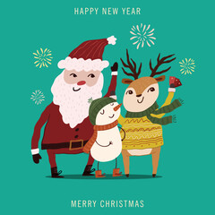 Merry christmas and happy new year greeting card design with santa clause, cute deer and little snowman character